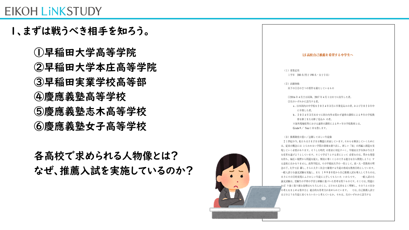 Point.1 まずは目指す高校と、その推薦制度をしっかりと理解できるよう指導します！
